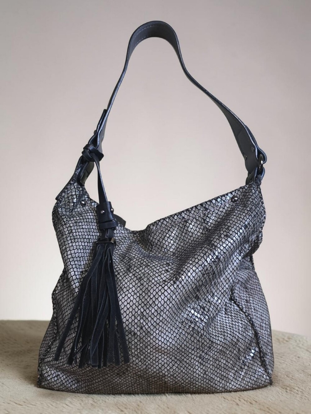 Sondra Roberts Hobo Bag Fringe Snake Embossed Sparkle